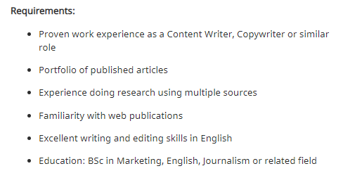 Sample JD 01 Content Writer requirements